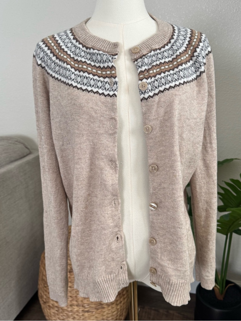 Merona Large Fair Isle Cardigan Sweater Beige Wool Cotton Blend Button Front L